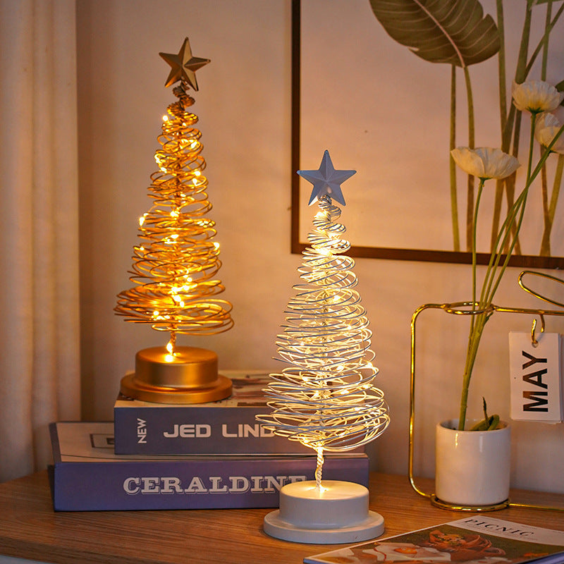 Collection of LED Christmas Tree Spiral Light Table Ornament Wrought Iron Xmas Tree Bedroom Desk Lamp Christmas Atmosphere Night Light Decor in a gallery layout