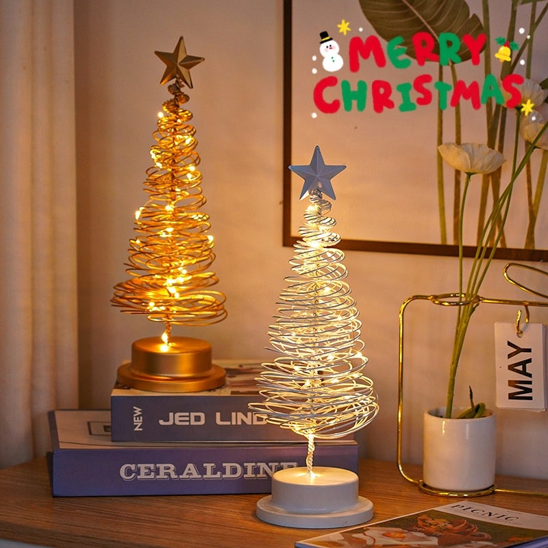 Collection of LED Christmas Tree Spiral Light Table Ornament Wrought Iron Xmas Tree Bedroom Desk Lamp Christmas Atmosphere Night Light Decor in a gallery layout