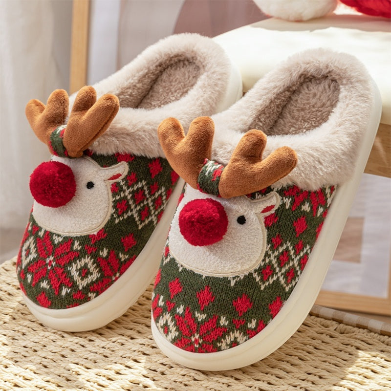 Collection of Cute Christmas Elk Plush Slippers Winter Ins Fashion in a gallery layout